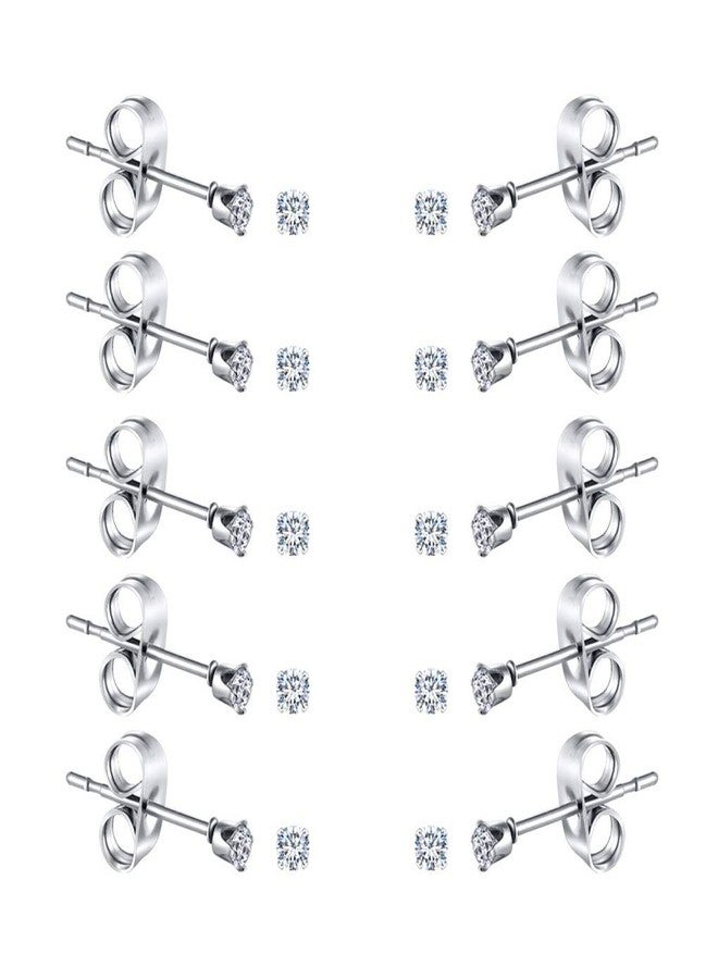 FOSIR 10 Pairs 2mm Tiny Women's Surgical Stainless Steel Clear Cubic Zirconia Stud Earrings, Hypoallergenic 316L Earrings Pack - Image 1
